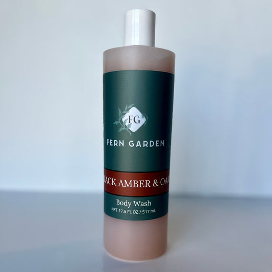 Black Amber & Oak natural handmade body wash with rich woody aromatherapy scent